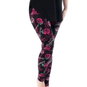 Fabulegs Black Red Rose Guitar Floral Patterned Leggings Sz Lg